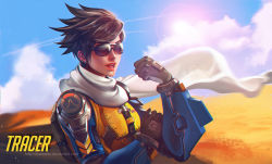 Rule 34 | 1girl, armor, body armor, brown hair, dessert, earrings, food, glasses, jewelry, lens flare, looking at viewer, official alternate costume, overwatch, overwatch 1, rikamello, scarf, slipstream tracer, solo, spiked hair, sun, sunglasses, tracer (overwatch), upper body