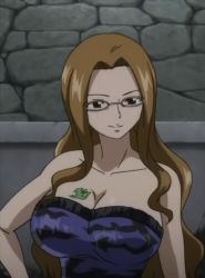 Rule 34 | 1girl, arm at side, bare arms, bare shoulders, black eyes, blue dress, breast tattoo, breasts, brown hair, cleavage, closed mouth, collarbone, dress, evergreen (fairy tail), fairy tail, female focus, glasses, indoors, large breasts, long hair, looking at viewer, neck, sidelocks, smile, solo, stone wall, strapless, strapless dress, tattoo, upper body, wall