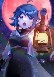Rule 34 | 1girl, ahoge, black pants, black shirt, blue eyes, blue gloves, blue hair, breasts, commentary request, commission, copyright request, covered navel, cropped jacket, fang, full moon, gloves, grey jacket, hair between eyes, hand up, holding, holding lantern, indie virtual youtuber, jacket, kou hiyoyo, lantern, long sleeves, looking at viewer, medium breasts, moon, night, night sky, open mouth, pants, pointy ears, puffy long sleeves, puffy sleeves, red moon, shirt, shoozki (vtuber), skeb commission, sky, solo, star (sky), starry sky, virtual youtuber