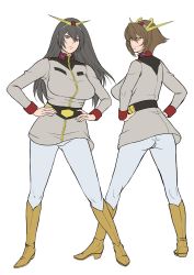 Rule 34 | 10s, 2girls, alternate costume, ass, belt, black hair, boots, breasts, brown eyes, brown hair, commentary request, female focus, flat color, from behind, frown, full body, gundam, hairband, hands on own hips, highres, ice (seriousgraphics), jacket, kantai collection, kneepits, large breasts, long hair, long sleeves, looking at viewer, medium breasts, military, military jacket, military uniform, mobile suit gundam, multiple girls, mutsu (kancolle), nagato (kancolle), outline, pants, short hair, simple background, smile, standing, taut clothes, unfinished, uniform, white background, yellow eyes