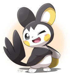 animal_focus blush blush_stickers creatures_(company) emolga full_body game_freak gen_5_pokemon nintendo one_eye_closed open_mouth pokemon pokemon_(creature) shadow simple_background smile solo standing white_background wink