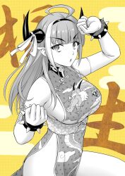 Rule 34 | 1girl, ahoge, bare shoulders, blunt bangs, bracelet, breasts, china dress, chinese clothes, clenched hands, commentary, dragon girl, dragon horns, dragon print, dress, hairband, highres, hololive, horn ornament, horn ribbon, horns, jewelry, kiryu coco, large breasts, long hair, looking at viewer, no bra, no panties, noise (tsuzuki), open mouth, pointy ears, print dress, ribbon, side slit, sleeveless, sleeveless dress, solo, spiked bracelet, spikes, virtual youtuber