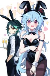 Rule 34 | 1boy, 1girl, \||/, ahoge, alcohol, animal ears, annlin, black bow, black bowtie, black leotard, black pantyhose, blue hair, blush, bow, bowtie, champagne, closed mouth, collarbone, covered navel, cowboy shot, cup, detached collar, dot nose, facial mark, fake animal ears, fake tail, forehead mark, ganyu (genshin impact), genshin impact, goat horns, green hair, hand in pocket, heart, highleg, highleg leotard, highres, holding, holding plate, horns, leaning forward, leotard, long hair, looking at viewer, multicolored hair, open mouth, pale skin, pantyhose, pink eyes, plate, playboy bunny, rabbit tail, simple background, slit pupils, strapless, strapless leotard, tail, teeth, two-tone hair, upper teeth only, v-shaped eyebrows, white background, wrist cuffs, xiao (genshin impact), yellow eyes