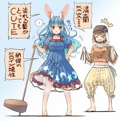 Rule 34 | ..., 2girls, animal ears, barefoot, blonde hair, bloomers, blue dress, blue hair, blush, brown headwear, cabbie hat, closed mouth, collarbone, commentary request, dress, floppy ears, frilled dress, frilled sleeves, frills, full body, hat, kine, long hair, mallet, motion lines, multiple girls, navel, open mouth, orange shirt, rabbit ears, red eyes, ringo (touhou), seiran (touhou), shirt, short hair, short sleeves, shorts, speech bubble, spoken ellipsis, striped clothes, striped shorts, touhou, translation request, underwear, vertical-striped clothes, vertical-striped shorts, white bloomers, yellow shorts, yudepii