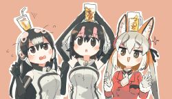 Rule 34 | :3, african penguin (kemono friends), animal ears, bare shoulders, black gloves, black hair, black shirt, black sweater, blush, collared shirt, commentary request, cup on head, drink, elbow gloves, fox ears, fox girl, fur trim, gloves, grey gloves, grey hair, hasu (zatsugami), headphones, high collar, highres, humboldt penguin (kemono friends), island fox (kemono friends), jacket, kemono friends, kemono friends v project, long hair, long sleeves, microphone, multicolored hair, necktie, official alternate costume, orange hair, orange jacket, penguin girl, pink hair, shirt, short hair, sleeveless, sweater, triangle mouth, twintails, two-tone hair, two-tone sweater, virtual youtuber, white hair, white neckwear, white sweater