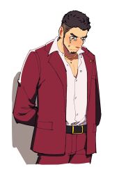 Rule 34 | 1boy, :s, arms behind back, beard, black hair, blush, cho (chorion), collared shirt, cropped legs, crying, crying with eyes open, eyebrow cut, facial hair, formal, highres, kasuga ichiban, looking down, male focus, mature male, nose blush, partially unbuttoned, pectoral cleavage, pectorals, red suit, ryuu ga gotoku (series), ryuu ga gotoku 7, sad, shirt, short hair, solo, suit, tears, thick eyebrows, undercut, white background