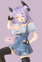 Rule 34 | 10s, 1girl, apron, black thighhighs, blue apron, blush, breasts, cleavage, collarbone, dirndl, eyepatch, fang, female focus, german clothes, gloves, headgear, higeno shinshi, kantai collection, large breasts, looking at viewer, oktoberfest, open mouth, partially fingerless gloves, purple background, purple hair, short hair, simple background, solo, tenryuu (kancolle), thighhighs, underboob, underbust, waist apron, yellow eyes