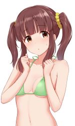 Rule 34 | 1girl, :o, bare arms, bare shoulders, bikini, blunt bangs, blush, breasts, brown eyes, brown hair, clenched hands, collarbone, commentary, green bikini, hair ornament, hair scrunchie, halterneck, hands up, head tilt, idolmaster, idolmaster cinderella girls, long hair, looking at viewer, medium breasts, navel, ogata chieri, parted lips, scrunchie, sidelocks, simple background, solo, stomach, string bikini, sweatdrop, swimsuit, tomajiyama, twintails, underboob, upper body, white background, yellow scrunchie