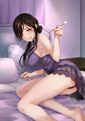 Rule 34 | 1girl, :q, ass, barefoot, bedroom, black panties, blush, breasts, brown hair, commentary request, empire waist, hair bun, highres, holding, indoors, inukai mofu, large breasts, licking lips, lingerie, long hair, looking at viewer, loungewear, lying, mimikaki, nail polish, nijisanji, official alternate costume, on bed, on side, orange eyes, paid reward available, panties, purple chemise, purple nails, shirayuki tomoe, shirayuki tomoe (7th costume), side ponytail, sidelocks, single hair bun, sleepwear, solo, tongue, tongue out, underbust, underwear, virtual youtuber, yellow eyes