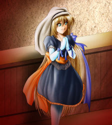 Rule 34 | 1girl, arc the lad, arc the lad ii, black dress, black pantyhose, blonde hair, blue gloves, dress, elbow gloves, gloves, green eyes, indoors, lieza (arc the lad), long hair, looking to the side, pantyhose, sash, smile, solo, standing, veil, very long hair