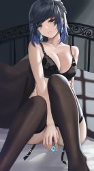 Rule 34 | 1girl, absurdres, bed, black bra, black hair, blue hair, bob cut, bra, breasts, brown thighhighs, cleavage, collarbone, covering privates, covering crotch, diagonal bangs, dice, earrings, feet out of frame, garter straps, genshin impact, green eyes, highres, jewelry, knees up, large breasts, looking at viewer, mole, mole on breast, on bed, parted lips, short hair, sitting, solo, thighhighs, underwear, underwear only, yamikyon, yelan (genshin impact)