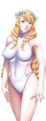 Rule 34 | 1girl, bare shoulders, blonde hair, blue eyes, breasts, daiunji eru, drill hair, game cg, large breasts, legs, long hair, looking at viewer, p/a: potential ability, sei shoujo, simple background, solo, standing, swimsuit, thighs, white background
