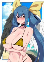 Rule 34 | 1girl, absurdres, angel wings, arm under breasts, asymmetrical wings, bare shoulders, beach, bikini, black choker, blue hair, blue sky, blush, border, breasts, choker, cleavage, closed mouth, cloud, collarbone, covered erect nipples, day, dizzy (guilty gear), fuuma (bangolga1), gold bikini, guilty gear, hair between eyes, hair ribbon, hair rings, highres, holding own arm, large breasts, long hair, looking at viewer, mature female, monster girl, navel, ocean, red eyes, ribbon, sagging breasts, sidelocks, skindentation, sky, smile, solo, stomach, string bikini, swimsuit, tail, twintails, underboob, white border, wings, yellow ribbon