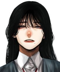 Rule 34 | 1girl, black hair, blue jacket, braces, collared shirt, grey eyes, highres, hoshi san 3, jacket, long hair, looking at viewer, looking down, mole, mole under mouth, original, parted lips, portrait, shirt, simple background, solo, white background, white shirt, wing collar, yamifuka-san (hoshi san 3)