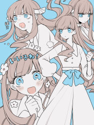 Rule 34 | 1girl, blue background, blue eyes, blush, blush stickers, bow, brown hair, clenched hand, hair ornament, high-waist skirt, highres, long hair, long sleeves, maco22, multiple views, open mouth, original, skirt, smile, sweat, translation request, v-shaped eyebrows, very long hair