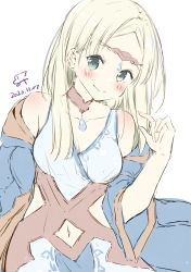 Rule 34 | 1girl, absurdres, atelier (series), atelier lulua, bad id, bad pixiv id, bare shoulders, blonde hair, blue dress, blue jacket, blush, closed mouth, clothing cutout, collarbone, dated, dress, green eyes, hand up, headpiece, highres, jacket, long hair, looking at viewer, minidraco, navel, navel cutout, off shoulder, parted bangs, piana (atelier), short sleeves, simple background, sleeveless, sleeveless dress, smile, solo, white background, wide sleeves