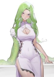Rule 34 | 1girl, absurdres, adomiwan, bare shoulders, blush, breasts, china dress, chinese clothes, cleavage, cleavage cutout, closed mouth, clothing cutout, commentary, covered navel, dress, expressionless, fur trim, green hair, highres, large breasts, long hair, looking to the side, midori (adomiwan), original, pelvic curtain, purple eyes, shiny skin, signature, simple background, sleeveless, sleeveless dress, solo, tight clothes, white background, white dress