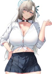 Rule 34 | 1girl, asuna (blue archive), black choker, black skirt, blue archive, blue eyes, blush, breasts, choker, cleavage, closed mouth, collared shirt, grey hair, hair ornament, halo, hand up, highres, large breasts, long hair, long sleeves, looking at viewer, mole, mole on breast, namazu (yamasonson), shirt, simple background, skirt, smile, solo, white background, white shirt