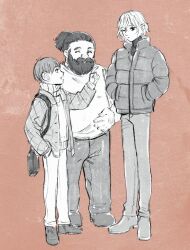 Rule 34 | 3boys, ^ ^, bag, bags under eyes, beard, chilchuck tims, closed eyes, down jacket, dungeon meshi, dwarf, elf, facial hair, halfling, jacket, kabe piko, lazy eye, long sleeves, male focus, mithrun, multiple boys, mustache, notched ear, pants, pointing, pointy ears, ponytail, senshi (dungeon meshi), short hair, sweater, thick mustache