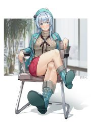 Rule 34 | 1girl, 77l, absurdres, blue eyes, blue hair, bolo tie, boots, brooch, chair, commission, cross-laced footwear, crossed legs, hat, highres, jacket, jewelry, lace-up boots, long hair, on chair, open clothes, open jacket, open mouth, original, sitting, skirt, solo, sweater, turtleneck, turtleneck sweater