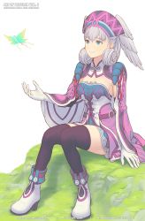 Rule 34 | 1girl, blue eyes, breasts, bug, butterfly, cape, curly hair, elbow gloves, gloves, gofelem, hat, head wings, insect, medium breasts, melia antiqua, nintendo, outdoors, rock, short hair, simple background, sitting, sitting on rock, smile, solo, thighhighs, white background, white hair, wings, xenoblade chronicles (series), xenoblade chronicles 1