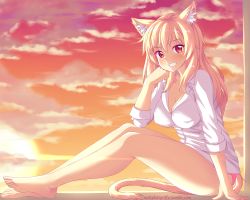 Rule 34 | 1girl, animal ear fluff, animal ears, barefoot, blonde hair, breasts, cat ears, cat tail, cloud, dress shirt, full body, highres, large breasts, long hair, looking at viewer, no pants, nottytiffy, original, panties, pink panties, red eyes, shirt, sitting, slit pupils, smile, solo, sunset, tail, teeth, tiffy (nottytiffy), underwear, watermark, web address