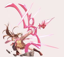 Rule 34 | 1girl, arm up, arrow (projectile), blush, bow (weapon), box, brown eyes, brown hair, brown jacket, brown socks, closed mouth, english text, firing, gift, gift box, heart, highres, holding, holding bow (weapon), holding weapon, huge weapon, jacket, long hair, long sleeves, miniskirt, one eye closed, original, pink scarf, plaid, plaid skirt, red ribbon, ribbon, scarf, school uniform, simple background, skirt, socks, sweater, v-shaped eyebrows, valentine, weapon, yau5531, yellow sweater