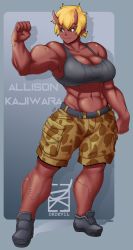 Rule 34 | 1girl, absurdres, android, belt, blonde hair, breasts, camouflage, camouflage shorts, cargo shorts, cleavage, colored skin, dark-skinned female, dark skin, dkdevilart, fangs, flexing, full body, highres, horns, large breasts, mole, muscular, muscular female, oni, orange eyes, original, pointy ears, red skin, sharp teeth, shoes, short hair, shorts, solo, tank top, teeth