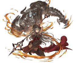 Rule 34 | 10s, 1boy, 1girl, armor, arms behind head, arms up, black footwear, black thighhighs, blue eyes, breasts, dress, fire, full body, garter straps, glowing, glowing eyes, granblue fantasy, grey eyes, hat, high heels, holding, horns, kneeling, large breasts, long hair, magisa (granblue fantasy), minaba hideo, minotaur, morax (granblue fantasy), official art, red hat, shoes, silver hair, smile, solo, staff, thighhighs, transparent background, witch, witch hat, zettai ryouiki