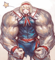 Rule 34 | 1girl, alice margatroid, bad anatomy, blonde hair, blush, clenched hands, closed eyes, facing viewer, headband, muscular, muscular female, sketch, solo, spark621, standing, star (symbol), touhou, what