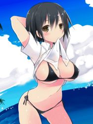 Rule 34 | 1girl, animated, animated gif, arms up, bikini, black bikini, blush, bouncing breasts, breasts, brown eyes, cleavage, cloud, day, female focus, kamiyoshi rika, large breasts, looking at viewer, mouth hold, navel, ocean, original, shirt, short hair, side-tie bikini bottom, sky, solo, swimsuit, white shirt