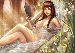 Rule 34 | 1girl, bathing, bathtub, blue eyes, book, breasts, brown hair, cleavage, holding, holding book, large breasts, crossed legs, lips, nude, open book, original, partially submerged, plant, sangrde, sparkle, water, wet