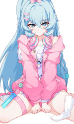 Rule 34 | 1girl, absurdres, blue eyes, blue hair, blush, bow, cable, character print, chinese commentary, closed mouth, commentary request, evzeva, eyelashes, frown, hair between eyes, hair bow, hair intakes, hair ornament, hairclip, hare (honkai impact), headphones, headphones around neck, high ponytail, highres, honkai (series), honkai impact 3rd, hood, hood down, hoodie, long hair, long sleeves, looking at viewer, off shoulder, official alternate costume, open clothes, open hoodie, pink bow, pink headphones, pink hoodie, pink pupils, pink scrunchie, ponytail, puffy long sleeves, puffy sleeves, scrunchie, shigure kira, shirt, sidelocks, simple background, single sock, sitting, socks, solo, thigh strap, unworn socks, v-shaped eyebrows, v arms, very long hair, wariza, white background, white scrunchie, white shirt, white socks, wrist scrunchie