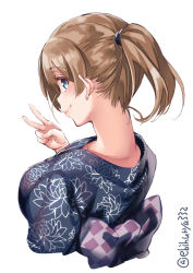 Rule 34 | 1girl, alternate costume, blue eyes, blue kimono, brown hair, checkered sash, commentary request, ebifurya, floral print, from behind, highres, intrepid (kancolle), japanese clothes, kantai collection, kimono, looking at viewer, nape, obi, ponytail, print kimono, sash, short hair, simple background, smile, solo, twitter username, upper body, v, white background