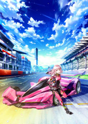 Rule 34 | 1girl, :d, black footwear, bodysuit, boots, car, commentary request, fujima takuya, gloves, helmet, highres, highspeed etoile, holding, holding helmet, key visual, long hair, looking at viewer, motor vehicle, official art, open mouth, pink bodysuit, pink hair, pink helmet, promotional art, race vehicle, racecar, racing suit, rindoh rin, shoulder pads, smile, solo, sports car, vehicle focus, wide shot