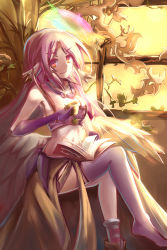 Rule 34 | 10s, 1girl, angel wings, asymmetrical legwear, breasts, spiked halo, crossed legs, cup, feathers, gloves, halo, highres, jibril (no game no life), large breasts, long hair, looking at viewer, low wings, midriff, multicolored hair, navel, no game no life, pink hair, shoes, single shoe, sitting, smile, solo, symbol-shaped pupils, uneven legwear, white wings, window, wings, yellow eyes