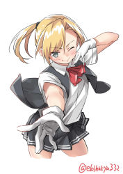 Rule 34 | 1girl, blonde hair, blouse, blush, cowboy shot, ebifurya, gloves, grey eyes, grey skirt, highres, kantai collection, lips, looking at viewer, maikaze (kancolle), neck ribbon, one eye closed, outstretched arm, parted bangs, pleated skirt, ponytail, red ribbon, ribbon, school uniform, shirt, short hair, short ponytail, simple background, skirt, smile, solo, twitter username, vest, white background, white gloves, white shirt, wince