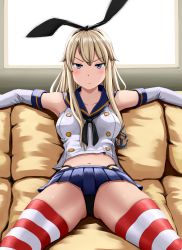 Rule 34 | 10s, 1girl, backlighting, blonde hair, blue eyes, couch, crop top, dominico, elbow gloves, gloves, highres, kalma538, kantai collection, long hair, looking at viewer, microskirt, midriff, navel, panties, pantyshot, personification, pleated skirt, shimakaze (kancolle), shiny skin, sitting, skindentation, skirt, solo, spread legs, striped clothes, striped thighhighs, thighhighs, underwear, upskirt, window