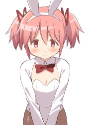 Rule 34 | 1girl, absurdres, breasts, cleavage, cocoa (ultra mdk), highres, kaname madoka, long sleeves, looking at viewer, mahou shoujo madoka magica, pink hair, short twintails, simple background, small breasts, smile, solo, twintails