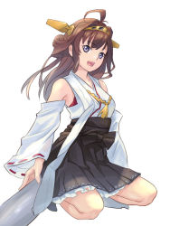 Rule 34 | 1girl, ahoge, bare shoulders, breasts, brown hair, detached sleeves, double bun, hairband, hakama, hakama short skirt, hakama skirt, headgear, japanese clothes, kaineri, kantai collection, kongou (kancolle), long hair, looking at viewer, medium breasts, nontraditional miko, open mouth, pleated skirt, purple eyes, simple background, sitting, skirt, smile, solo, white background