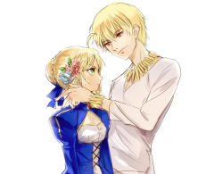 Rule 34 | 1girl, ahoge, arnoul, artoria pendragon (all), artoria pendragon (fate), bad id, bad pixiv id, blonde hair, bracelet, dress, fate/zero, fate (series), flower, gilgamesh (fate), green eyes, hair flower, hair ornament, jewelry, juliet sleeves, long sleeves, necklace, official alternate costume, puffy sleeves, red eyes, saber (fate), simple background, white background