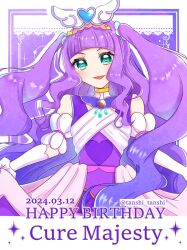 Rule 34 | 1girl, aqua eyes, birthday, brooch, character name, cure majesty, dated, dress, elbow gloves, ellee-chan, gloves, hirogaru sky! precure, jewelry, long hair, looking at viewer, magical girl, medium dress, precure, purple dress, purple hair, skirt, smile, solo, tanshi tanshi, twitter username, two side up, very long hair, white gloves, wing brooch, wing hair ornament