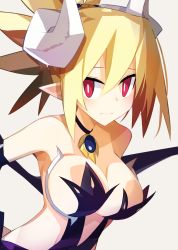 Rule 34 | 1girl, absurdres, bare shoulders, blonde hair, blush, breasts, disgaea, disgaea rpg, highres, horns, la pucelle, large breasts, makai senki disgaea 2, nanozenzen, official alternate costume, overlord rozalin, pointy ears, red eyes, revealing clothes, slit pupils, upper body