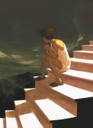 Rule 34 | 1boy, bad id, bad pixiv id, cloud, dark clouds, highres, looking away, male focus, original, scenery, shoes, shorts, sitting, sitting on stairs, solo, stairs, stecky