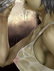Rule 34 | 1girl, barserker, breasts, collarbone, covered erect nipples, cup, drinking glass, dripping, from side, glass, grey hair, head out of frame, highres, holding, nipples, original, rain, see-through, short hair, sideboob, solo, spill, upper body, water, water drop, wet, wet clothes, window