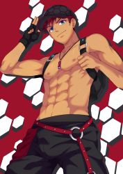 Rule 34 | 1boy, abs, absurdres, backpack, bag, baseball cap, black gloves, black pants, blue eyes, bulge, camp buddy, closed mouth, fingerless gloves, gloves, hat, highres, jewelry, looking at viewer, male focus, mikkoukun, navel, necklace, nipples, pants, red hair, rex (camp buddy), short hair, single glove, smile, solo, toned, toned male, topless male