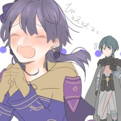 Rule 34 | 1boy, 1girl, armor, bernadetta von varley, blue eyes, blue hair, blush, bow, byleth (fire emblem), byleth (male) (fire emblem), closed eyes, earrings, fire emblem, fire emblem: three houses, gloves, hair ornament, hands together, japanese text, jewelry, long hair, long sleeves, nintendo, open mouth, sakura no yoru, simple background, upper body, white background, yellow gloves