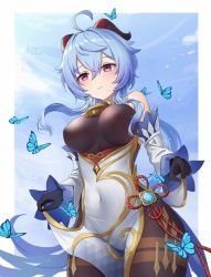 Rule 34 | 1girl, ahoge, bare shoulders, bell, black gloves, blue hair, breasts, brown leotard, brown pantyhose, bug, butterfly, covered erect nipples, covered navel, cowbell, cowboy shot, detached collar, detached sleeves, ganyu (genshin impact), genshin impact, gloves, goat horns, gold trim, hair between eyes, highres, horns, insect, kiz mk, large breasts, leotard, long hair, long sleeves, looking at viewer, low ponytail, pantyhose, parted lips, pelvic curtain, pink eyes, solo, very long hair