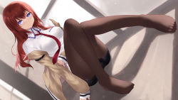 Rule 34 | 1girl, absurdres, black shorts, blue eyes, blush, breast pocket, breasts, brown jacket, brown pantyhose, cait aron, collared shirt, commentary request, dutch angle, highres, indoors, jacket, knees up, pantyhose under shorts, long hair, long sleeves, looking at viewer, makise kurisu, medium breasts, necktie, no shoes, off shoulder, on floor, open clothes, open jacket, pantyhose, pocket, red hair, red necktie, shirt, short shorts, shorts, sleeves past wrists, solo, steins;gate, white shirt, window