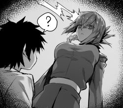 Rule 34 | 1boy, 1girl, ?, age difference, age regression, aged down, belt, braid, breasts, child, fate/grand order, fate (series), florence nightingale (fate), folded ponytail, fujimaru ritsuka (male), gloves, greyscale, height difference, highres, hxd, jacket, large breasts, long hair, long sleeves, military jacket, monochrome, newtype flash, onee-shota, short hair, spoken question mark